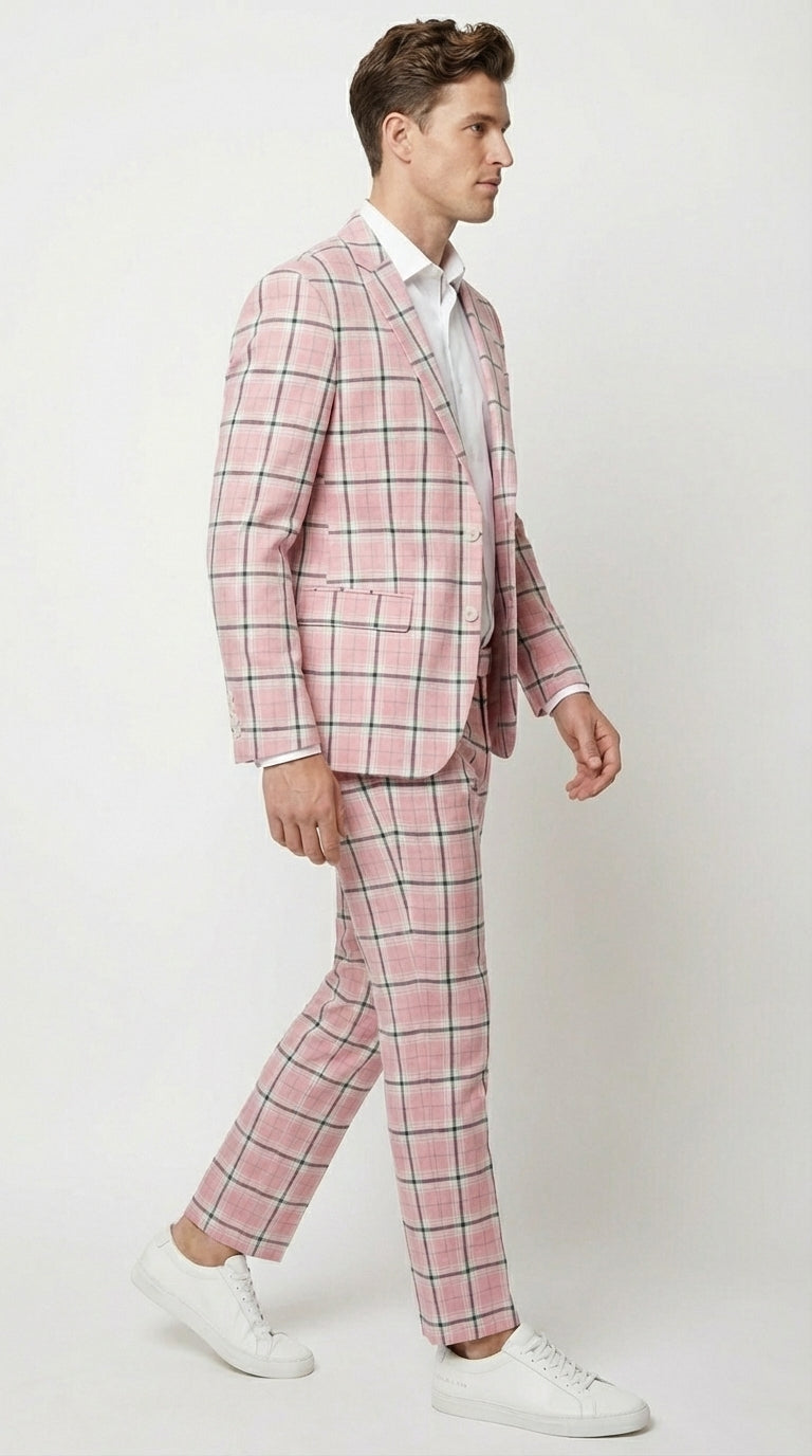 Mens Pink and Black Plaid Designer Suit Set – Stylish Suit with Check Pattern Jacket and Windownpane Summer Color - 34 Short or Extra Small