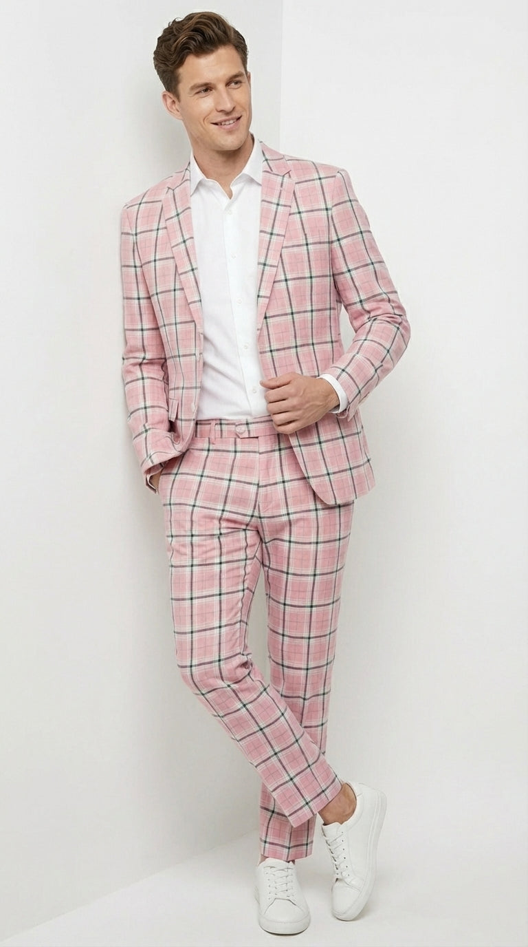 Mens Pink and Black Plaid Designer Suit Set – Stylish Suit with Check Pattern Jacket and Windownpane Summer Color - 34 Short or Extra Small