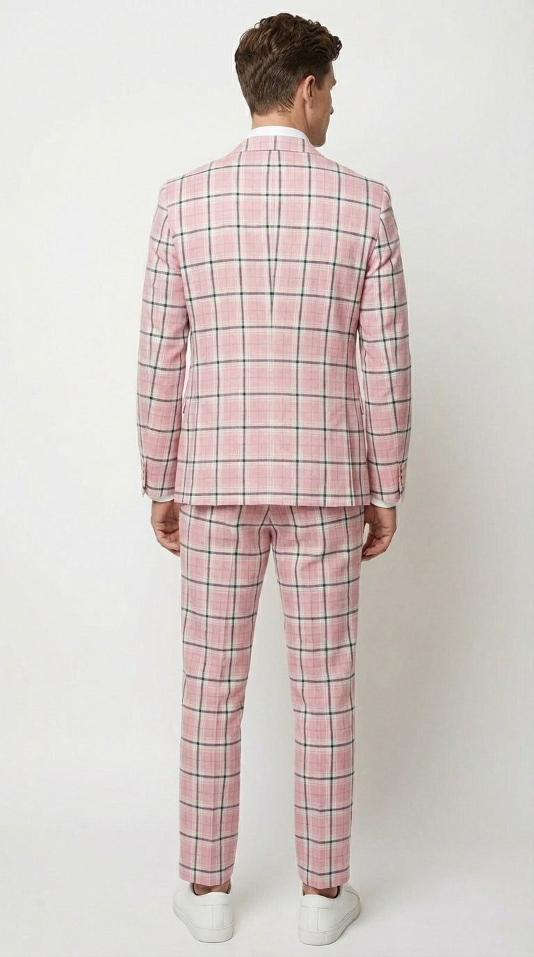 Mens Pink and Black Plaid Designer Suit Set – Stylish Suit with Check Pattern Jacket and Windownpane Summer Color - 34 Short or Extra Small