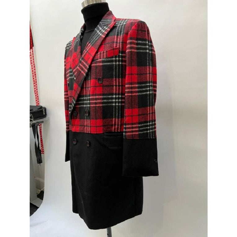 Mens Plaid Overcoat - Black and Red Wool Peacoat - Coat Size 38