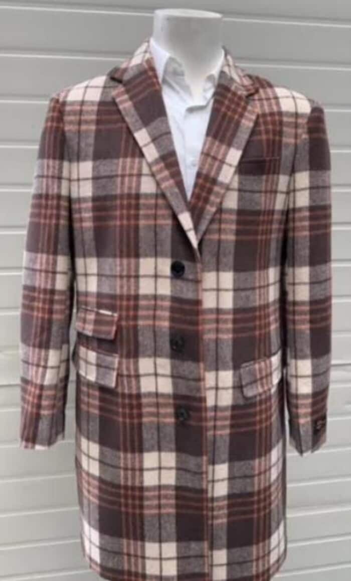 Mens Plaid Overcoat - Checkered Carcoat - Wool Three Quarter Notch Lapel  Peacoat