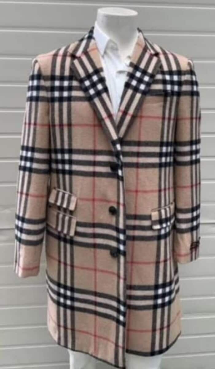 Mens Plaid Overcoat - Checkered Carcoat - Wool Three Quarter Single Breasted Peacoat