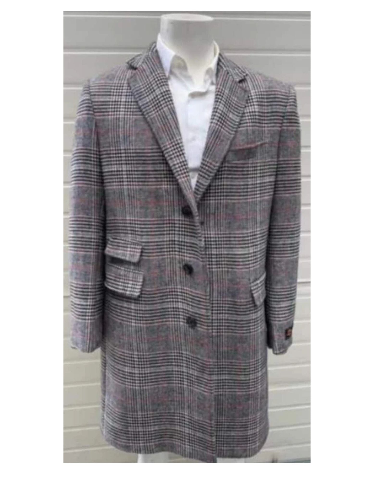 Mens Plaid Overcoat - Checkered Carcoat - Wool Three Quarter  Multi-color  Peacoat - Coat Size 38