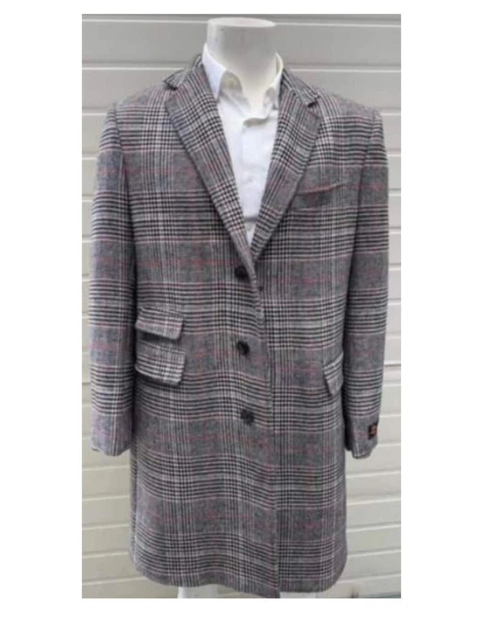 Mens Plaid Overcoat - Checkered Carcoat - Wool Three Quartered Peacoat
