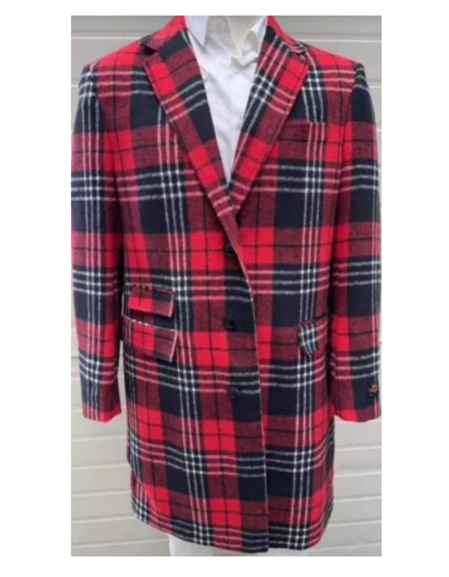 Mens Plaid Overcoat - Checkered Carcoat - Wool Three Quarter Notch Lapel  Peacoat