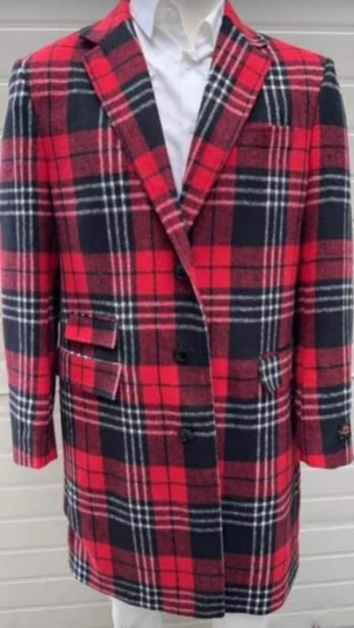 Mens Plaid Overcoat - Checkered Carcoat - Wool Three Quarter Notch Lapel  Peacoat