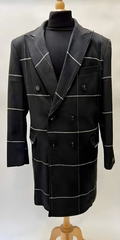 Mens Plaid Overcoat - Hounstooth Checker Pattern Topcoat - Black