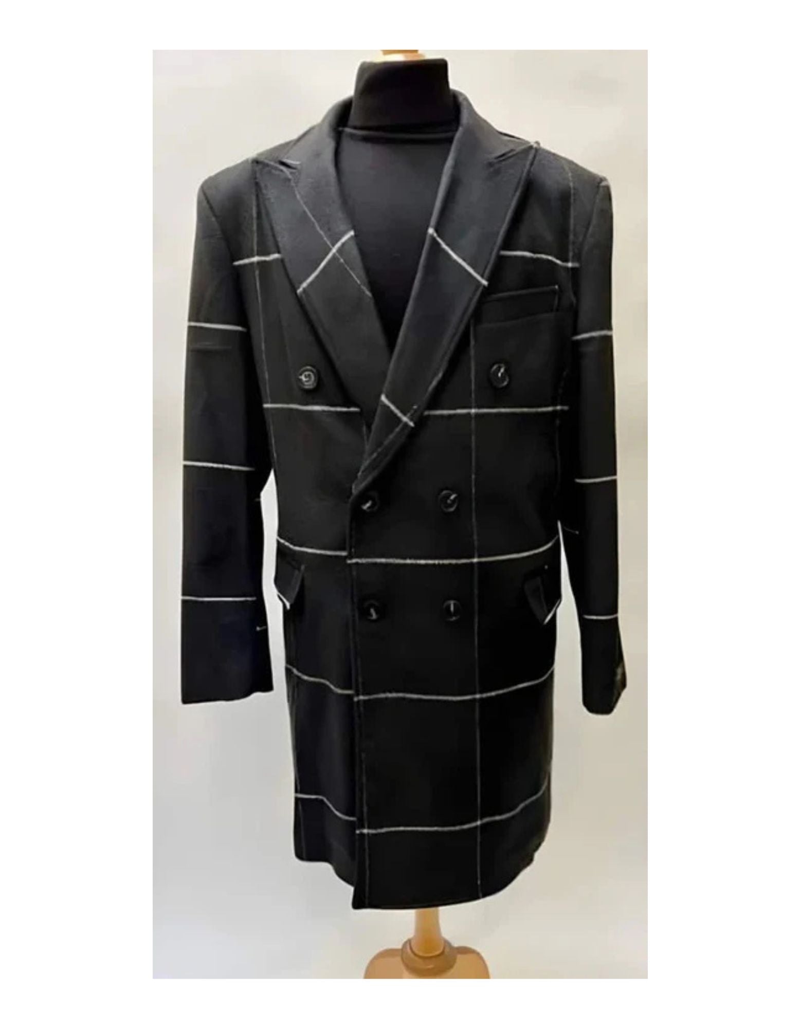 Mens Plaid Overcoat - Hounstooth Checker Pattern Topcoat - Black - Coat Size 38