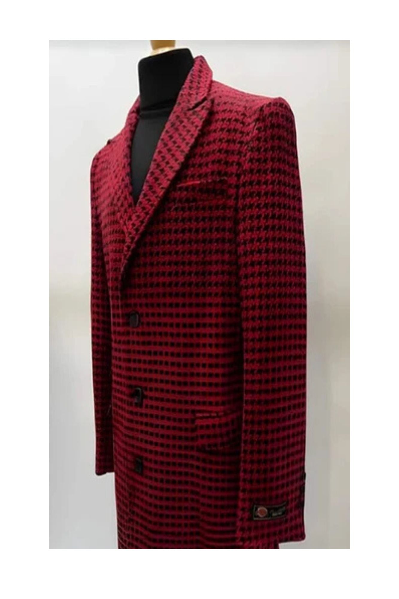 Mens Plaid Overcoat - Hounstooth Checker Pattern Topcoat - Red