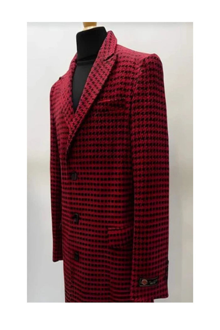 Mens Plaid Overcoat - Hounstooth Checker Pattern Topcoat - Red