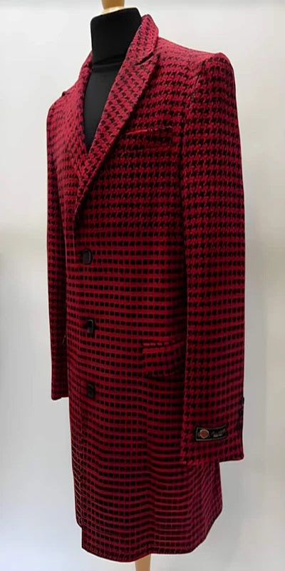 Mens Plaid Overcoat - Hounstooth Checker Pattern Topcoat - Red