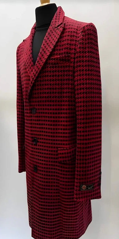 Mens Plaid Overcoat - Hounstooth Checker Pattern Topcoat - Red