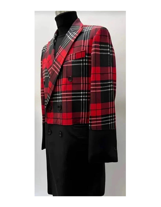 Mens Plaid Overcoat - Hounstooth Checker Pattern Topcoat - Red