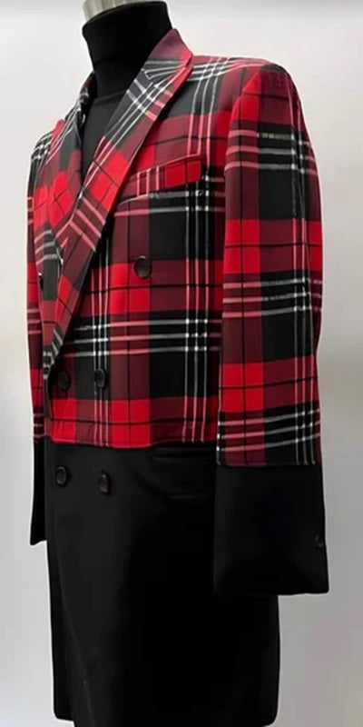 Mens Plaid Overcoat - Hounstooth Checker Pattern Topcoat - Red