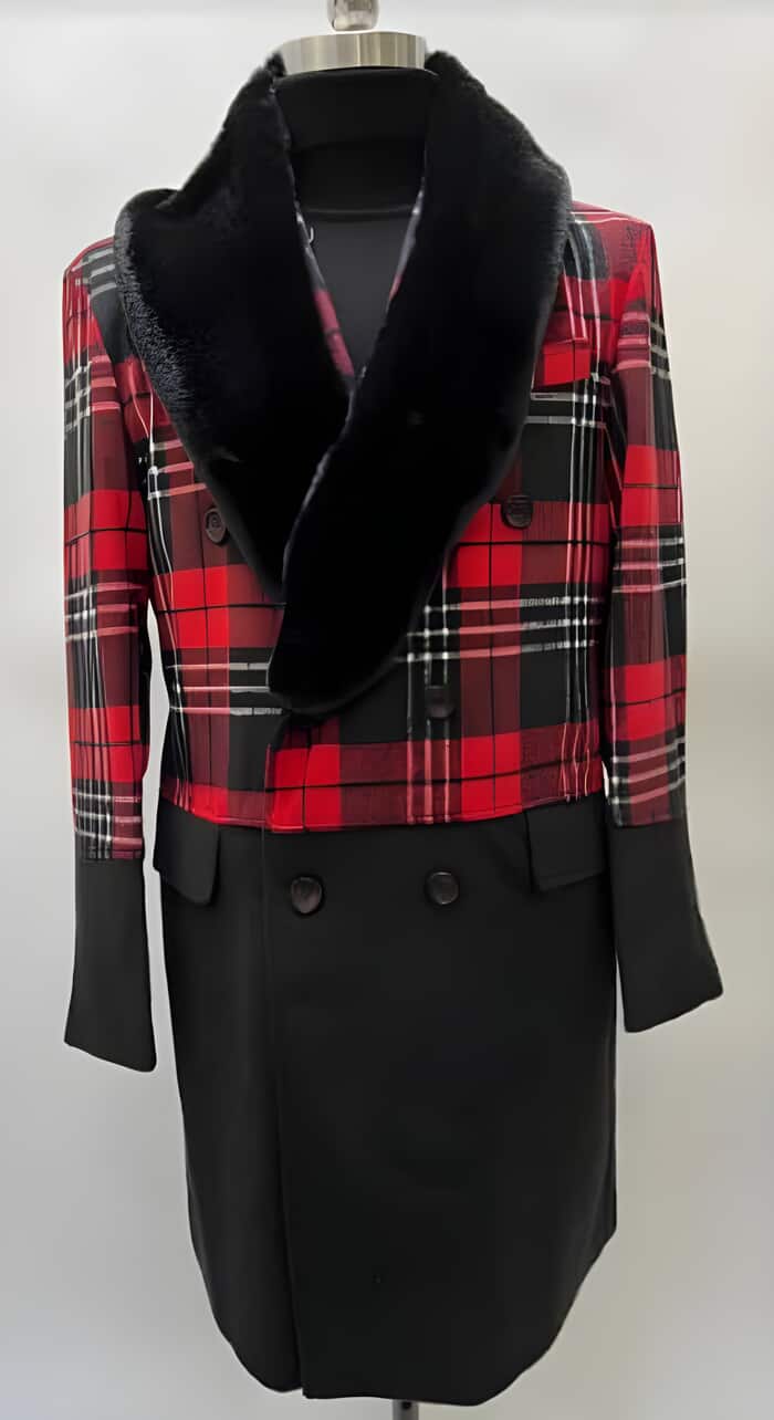 Mens Plaid Overcoat - Hounstooth Checker Pattern Topcoat - Red ~ Black