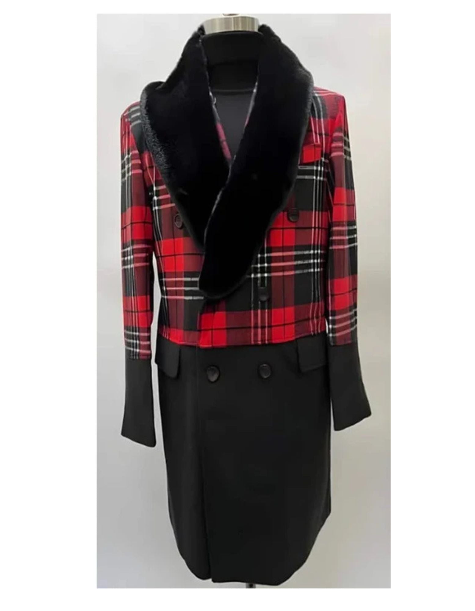 Mens Plaid Overcoat - Hounstooth Checker Pattern Topcoat - Red ~ Black - Coat Size 38