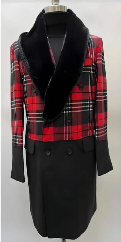 Mens Plaid Overcoat - Hounstooth Checker Pattern Topcoat - Red ~ Black