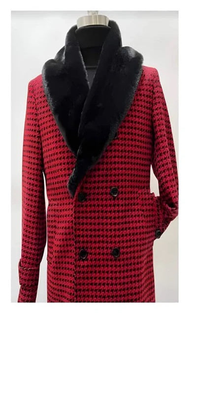 Mens Plaid Overcoat - Hounstooth Checker Pattern Topcoat - Red