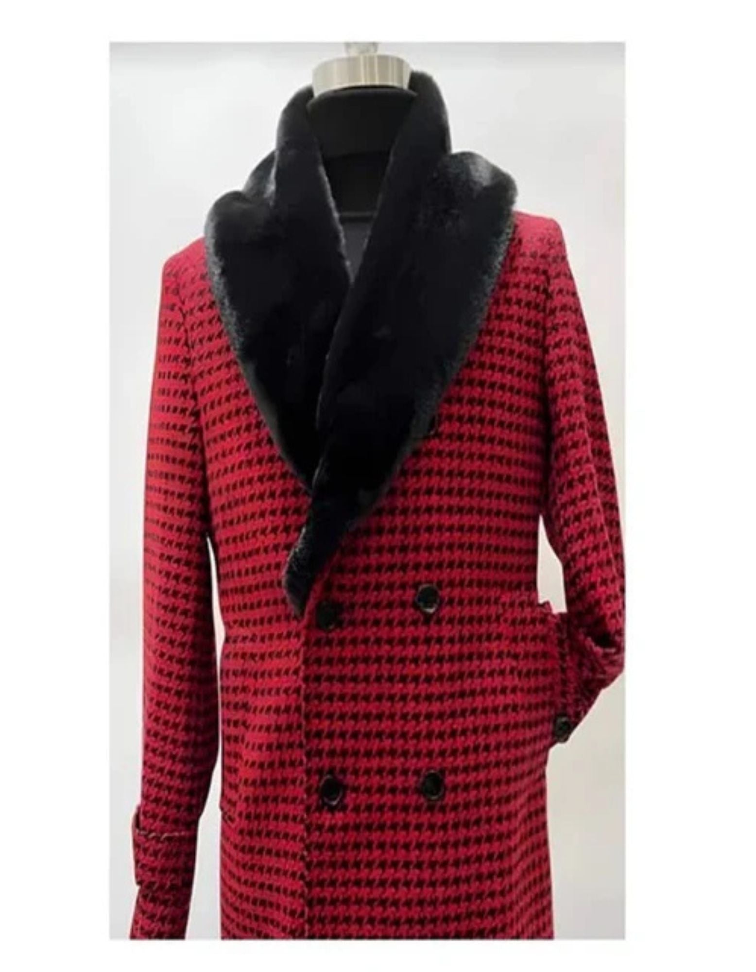 Mens Plaid Overcoat - Hounstooth Checker Pattern Topcoat - Red - Coat Size 38