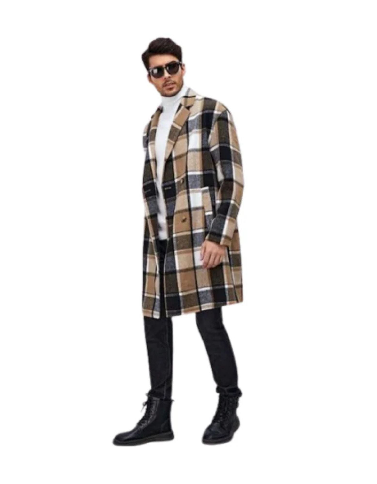 Camel and Tan Mens Plaid Overcoat Hounstooth Checker Pattern Topcoat