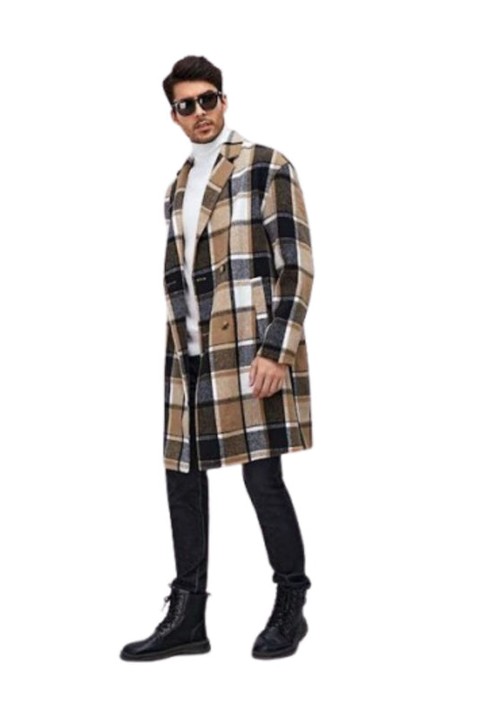 Camel and Tan Mens Plaid Overcoat Hounstooth Checker Pattern Topcoat