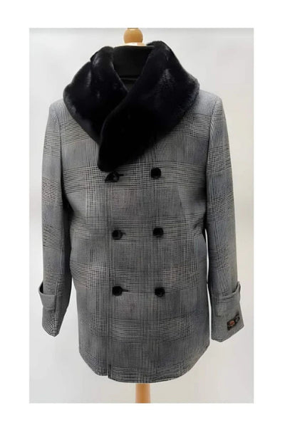 Mens Plaid Overcoat - Wool Peacoat - Plaid Topcoats Gray
