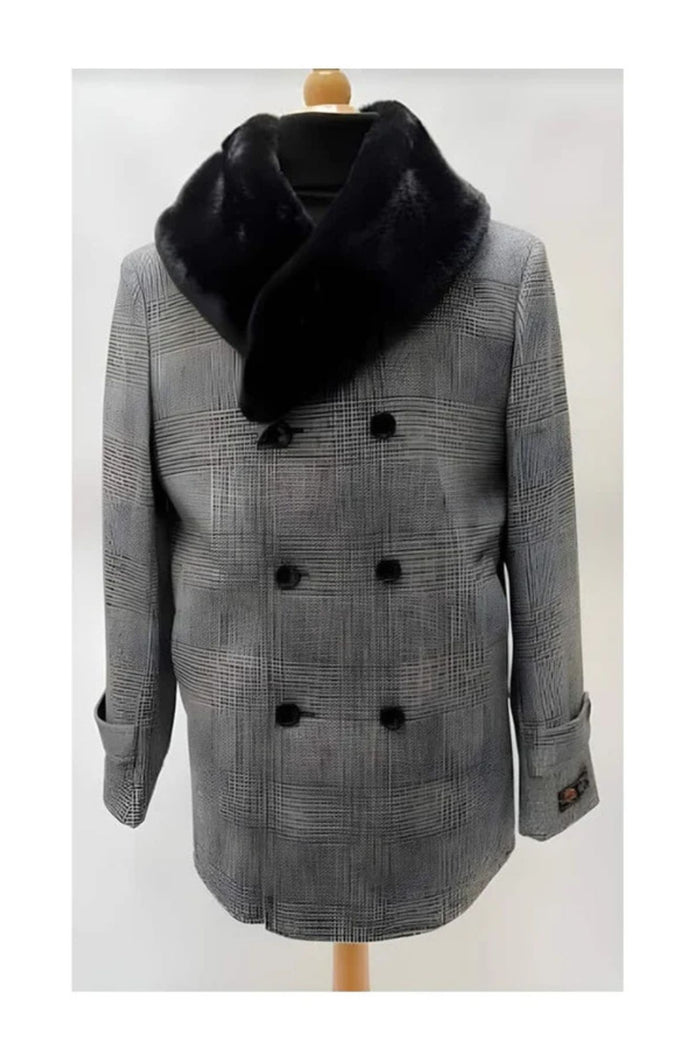 Mens Plaid Overcoat - Wool Peacoat - Plaid Topcoats Gray