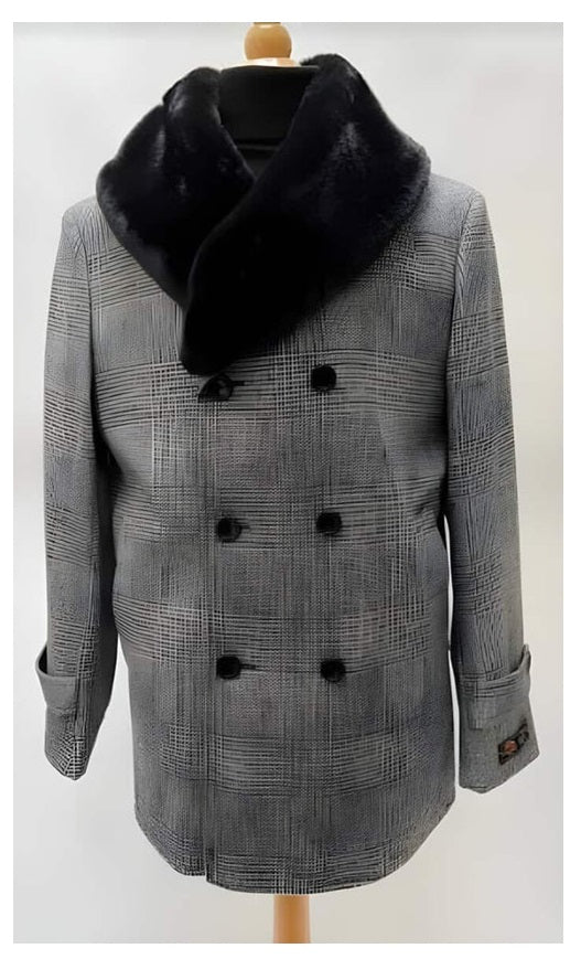 Mens Plaid Overcoat - Wool Peacoat - Plaid Topcoats Gray