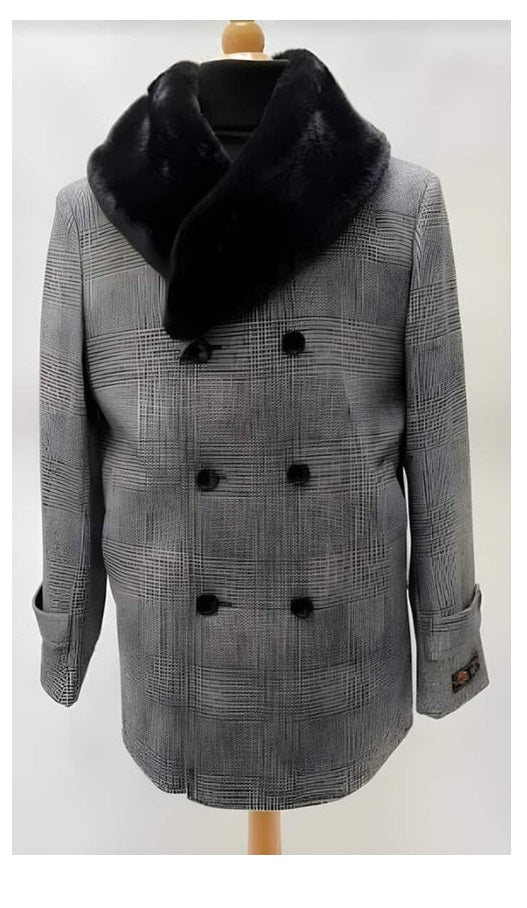 Mens Plaid Overcoat - Wool Peacoat - Plaid Topcoats Gray