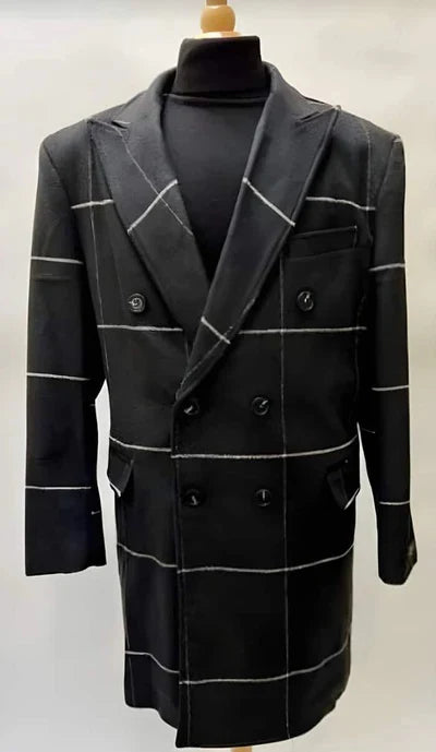 Black Plaid Overcoat - Wool Topcoat With WindowPane Pattern Double Breasted Style