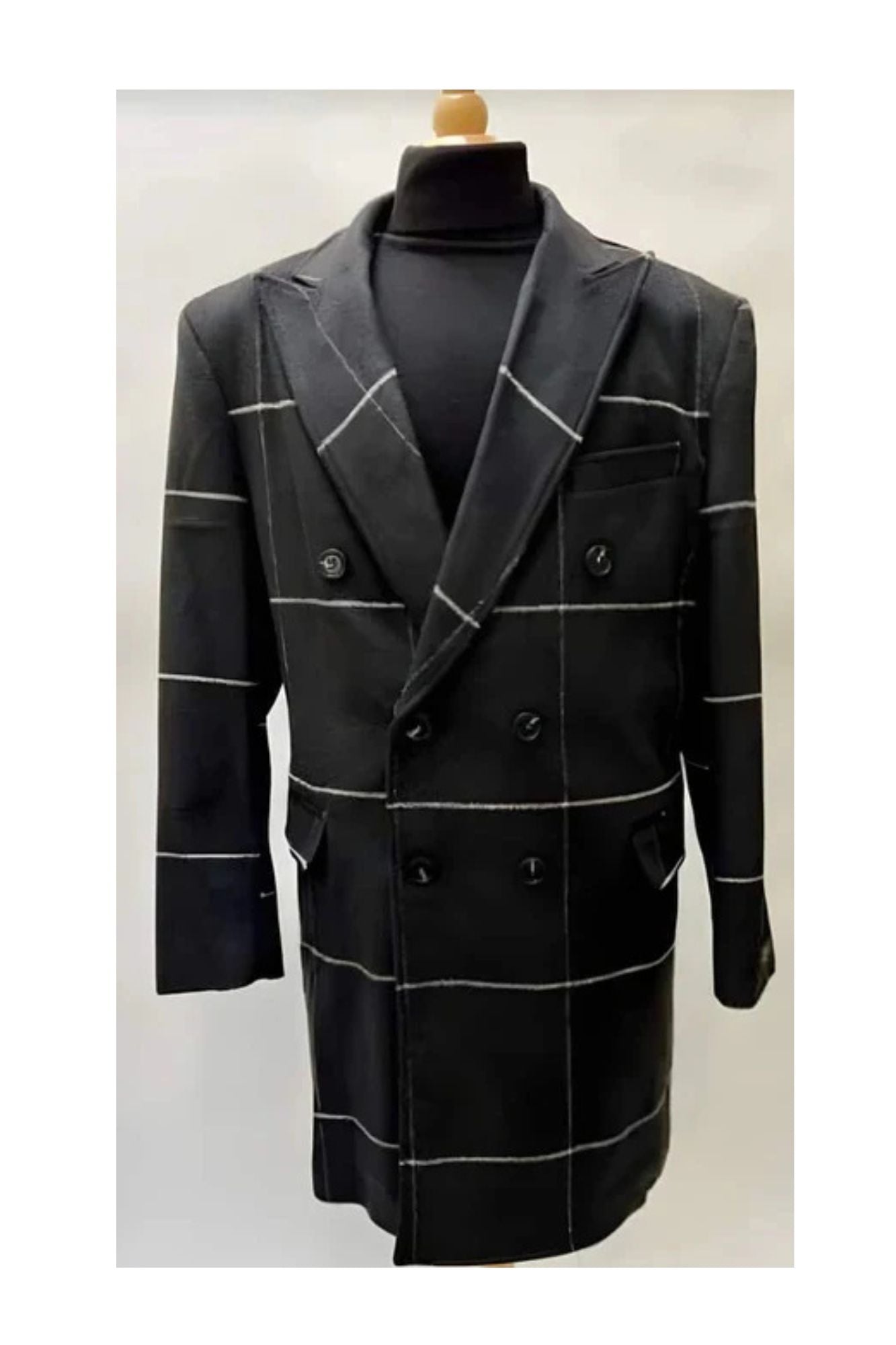 Mens Plaid Overcoat - Wool Peacoat - Plaid Topcoats  Black - Coat Size 38
