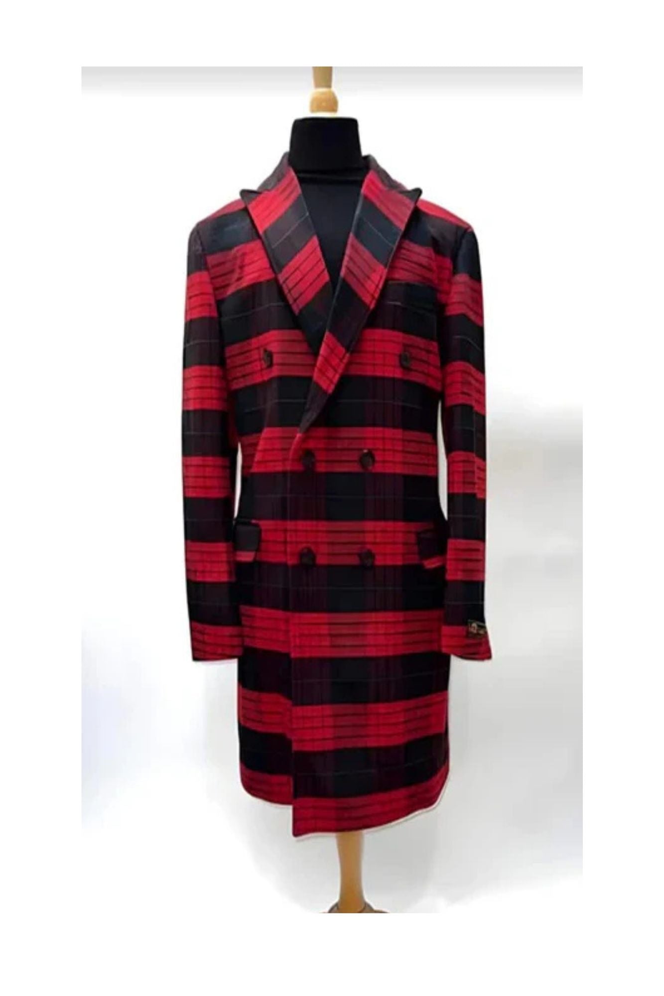 Mens Plaid Overcoat - Wool Peacoat - Plaid Topcoats Red ~ Black - Coat Size 38