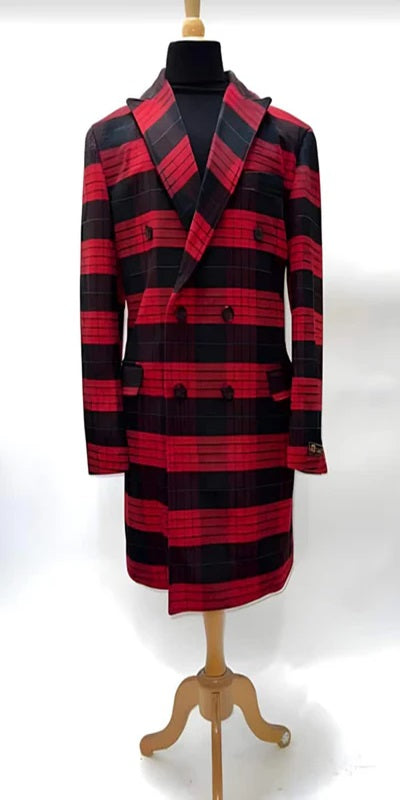 Mens Plaid Overcoat - Wool Peacoat - Plaid Topcoats Red ~ Black