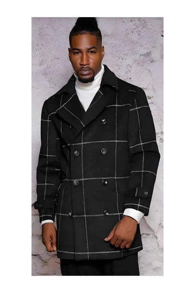 Coat Mens Plaid Overcoat - Wool Peacoat - Plaid Topcoats Black