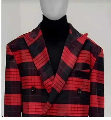 Mens Plaid Overcoat - Wool Peacoat - Plaid  Red ~ Black Topcoats