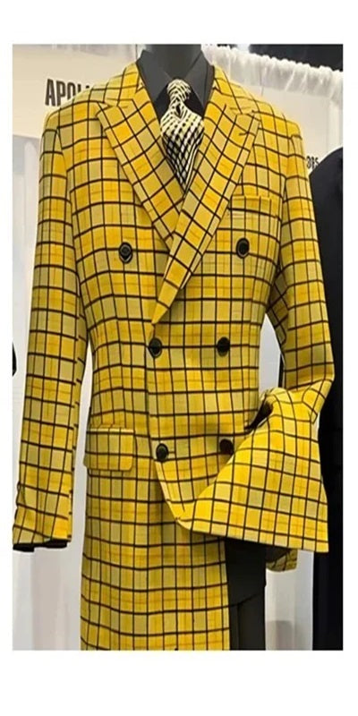 Mens Plaid Overcoat - Wool Peacoat - Plaid Topcoats Yellow