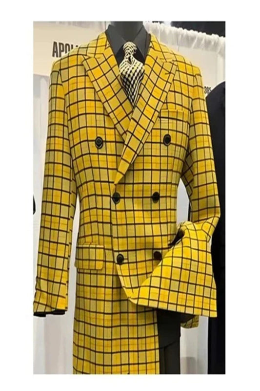 Mens Plaid Overcoat - Wool Peacoat - Plaid Topcoats Yellow