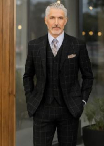 Mens Plaid Suit - Black Windowpane Suit - 1920 Suits