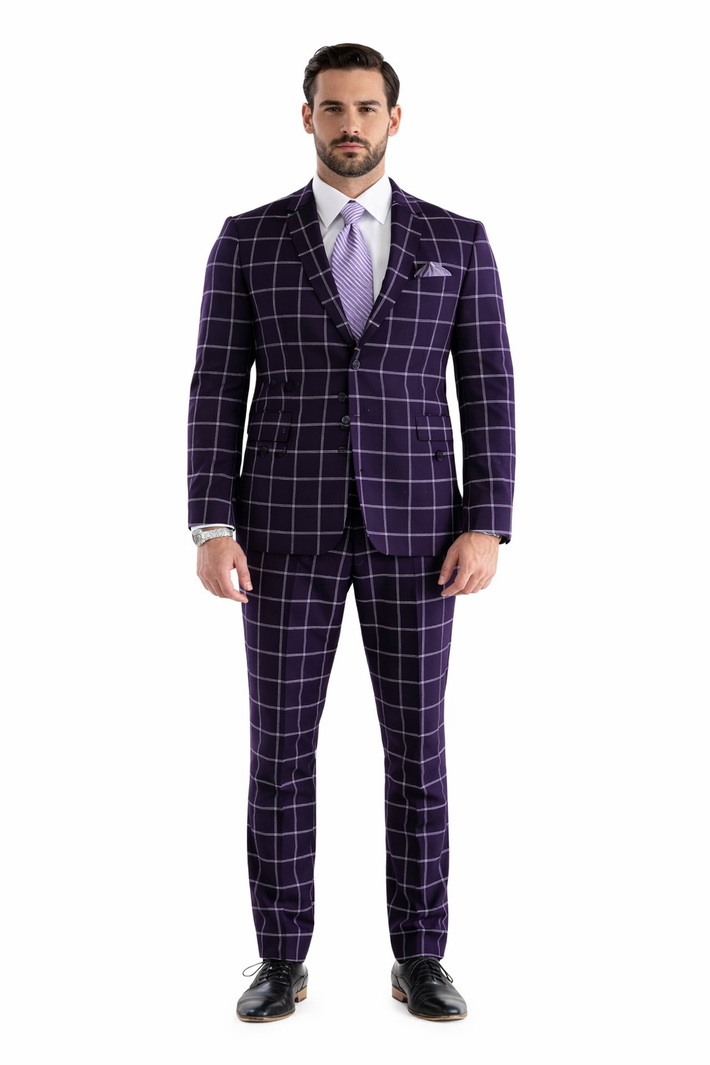 Mens Plaid Suit - Windowpane Pattern With Vest - Business Suit Burgundy - Coat Size 38