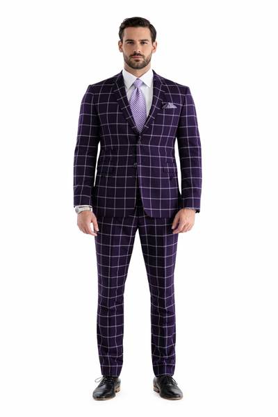 Mens Plaid Suit - Windowpane Pattern With Vest - Business Suit Burgundy