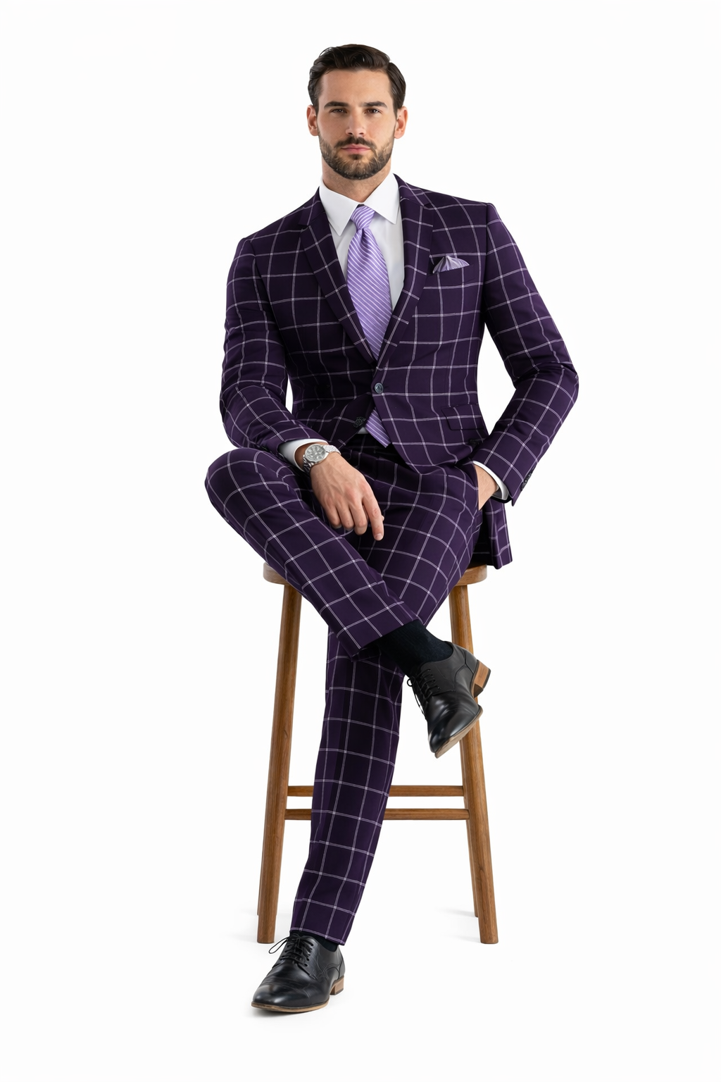 Mens Plaid Suit - Windowpane Pattern With Vest - Business Suit Burgundy - Coat Size 38