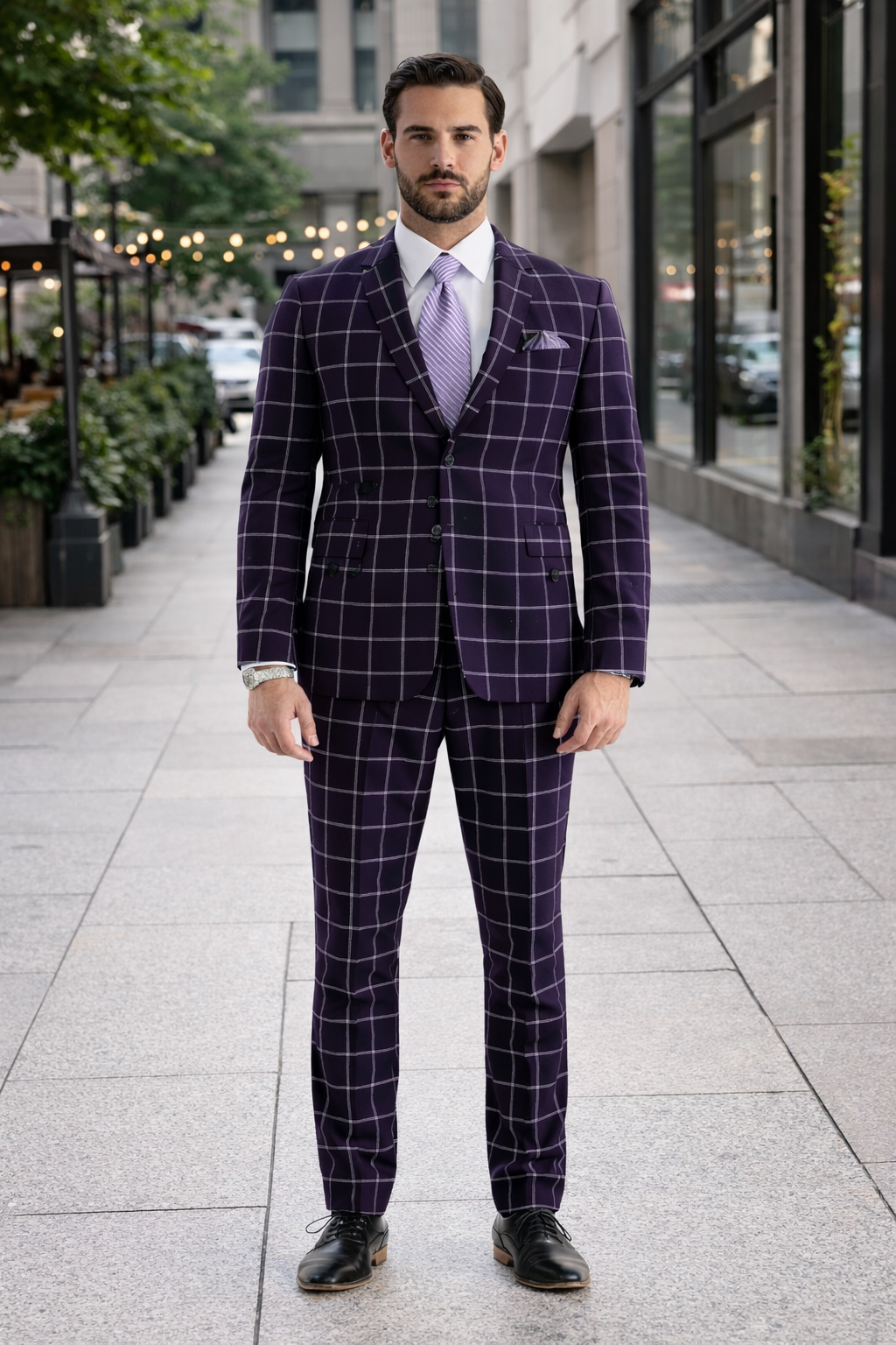 Mens Plaid Suit - Windowpane Pattern With Vest - Business Suit Burgundy - Coat Size 38