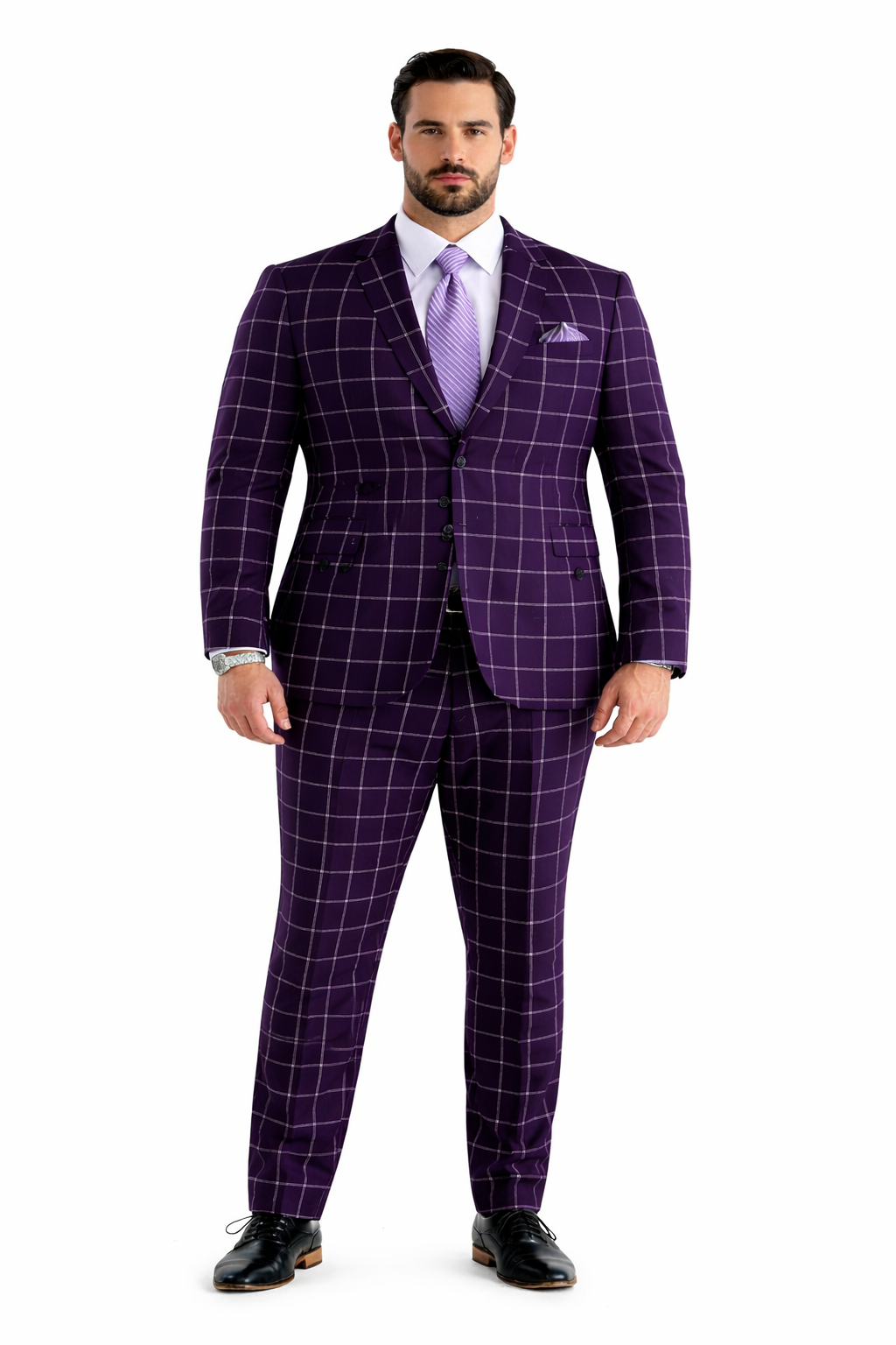 Mens Plaid Suit - Windowpane Pattern With Vest - Business Suit Burgundy - Coat Size 38