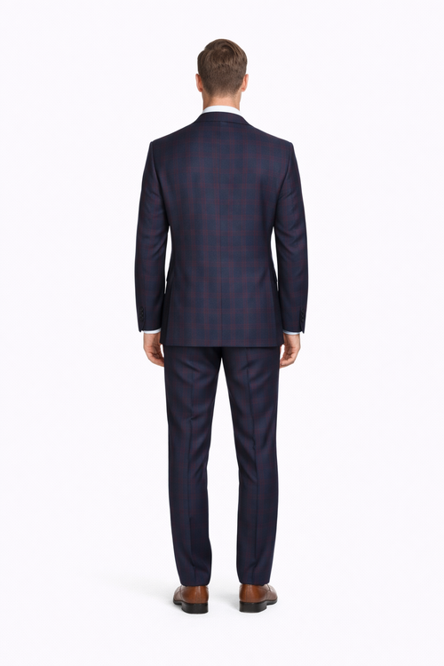 Mens Plaid Suits - Windowpane Wool Suits - Navy Blue with Dark Burgundy Pattern - Business Wool Suit Available in Classic or modern fit-New Designer Collection