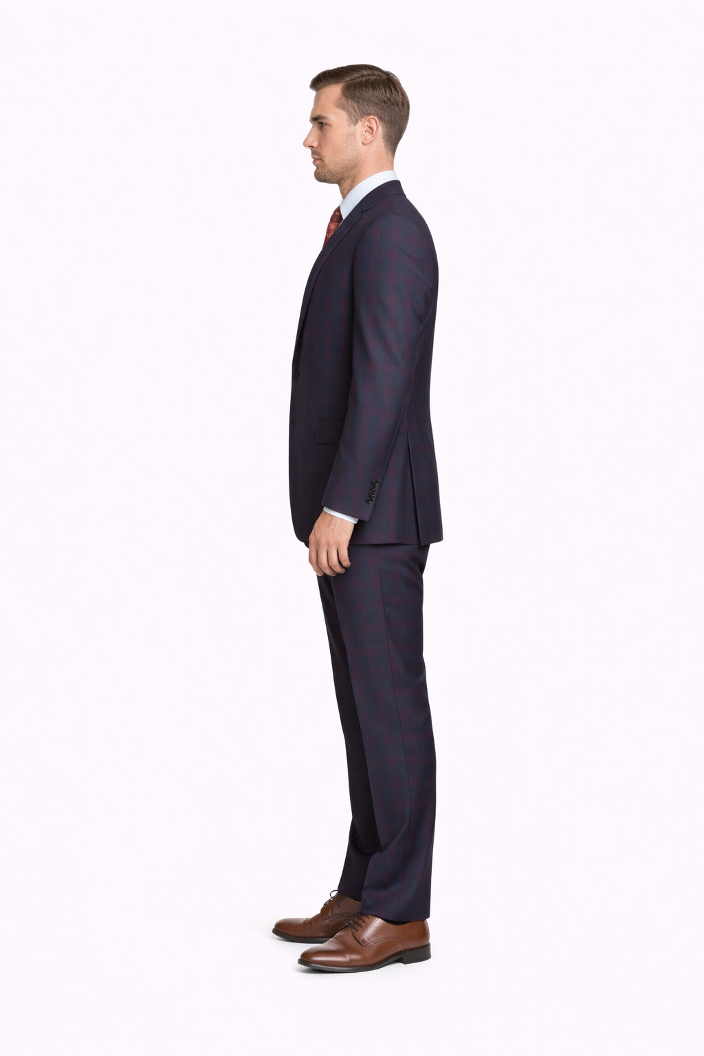 Mens Plaid Suits - Windowpane Wool Suits - Navy Blue with Dark Burgundy Pattern - Business Wool Suit Available in Classic or modern fit-New Designer Collection