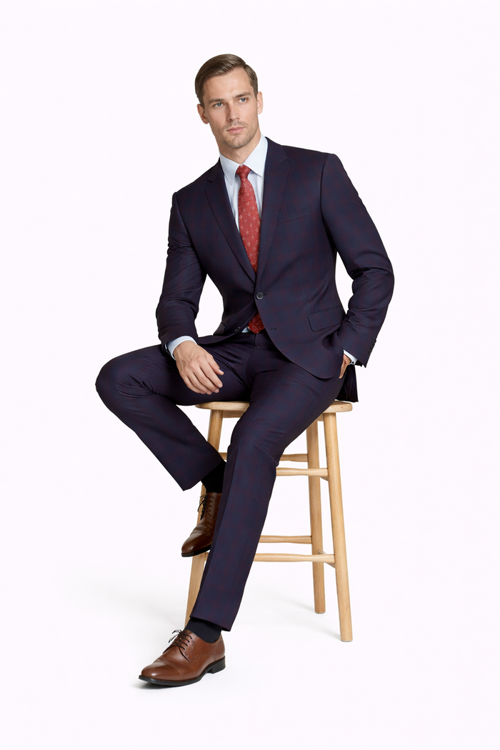 Mens Plaid Suits - Windowpane Wool Suits - Navy Blue with Dark Burgundy Pattern - Business Wool Suit Available in Classic or modern fit-New Designer Collection