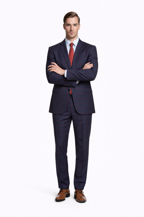 Mens Plaid Suits - Windowpane Wool Suits - Navy Blue with Dark Burgundy Pattern - Business Wool Suit Available in Classic or modern fit-New Designer Collection