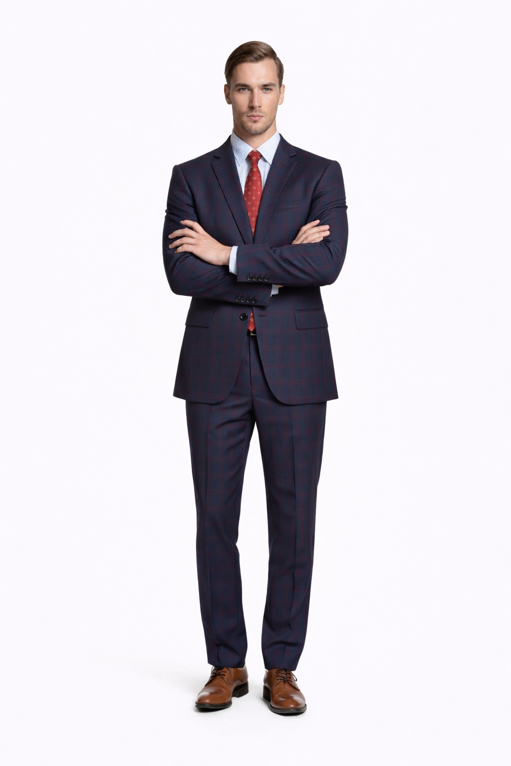 Mens Plaid Suits - Windowpane Wool Suits - Navy Blue with Dark Burgundy Pattern - Business Wool Suit Available in Classic or modern fit-New Designer Collection
