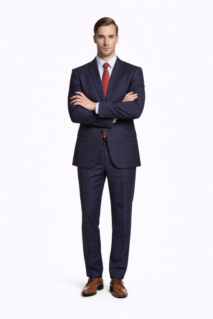 Mens Plaid Suits - Windowpane Wool Suits - Navy Blue with Dark Burgundy Pattern - Business Wool Suit Available in Classic or modern fit-New Designer Collection