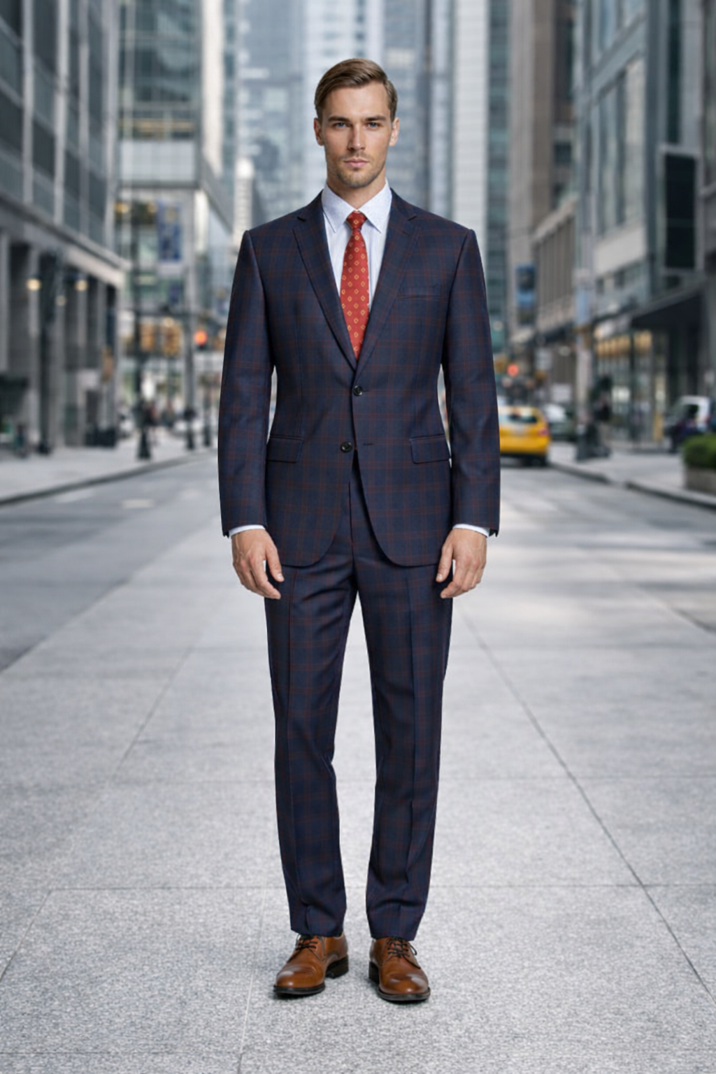 Mens Plaid Suits - Windowpane Wool Suits - Navy Blue with Dark Burgundy Pattern - Business Wool Suit Available in Classic or modern fit-New Designer Collection